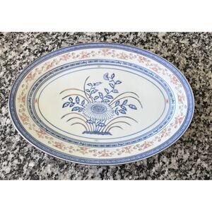 Vintage Chinese Blue White Chinese 16” Oval Porcelain Flower Rice Eye Grain